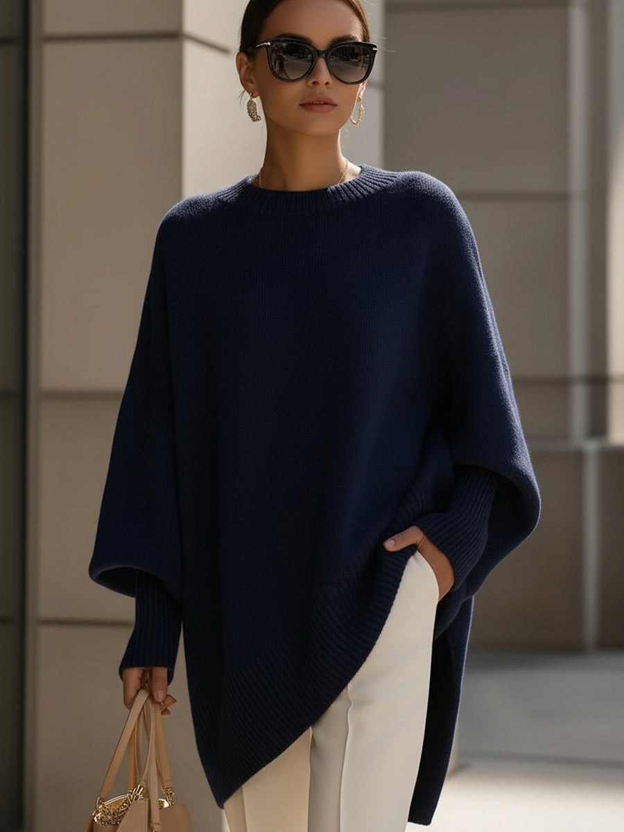 Women's Oversized Knit Sweater Batwing Sleeve Crew Neck Asymmetric Hem Casual