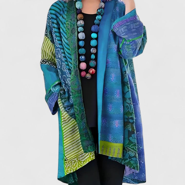 Women's Open Front Cardigan Long Sleeve Patchwork Print Draped Casual Kimono