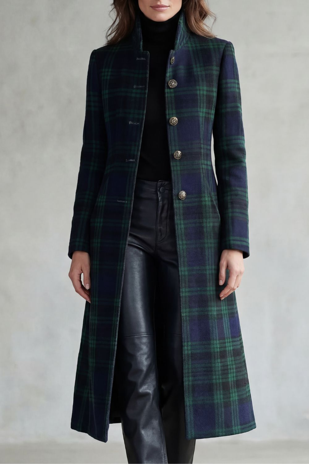 Women's Tartan Plaid Long Coat Stand Collar Button-Front Wool Blend Winter