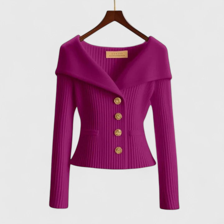 Women's Ribbed Knit Cardigan V-Neck Long Sleeve Button-Front Foldover Collar