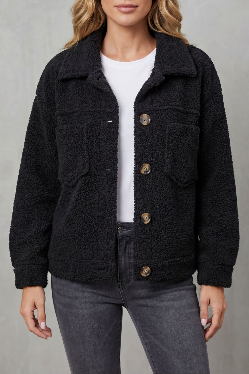 Women's Sherpa Fleece Jacket Button-Up Collared Long Sleeve Casual