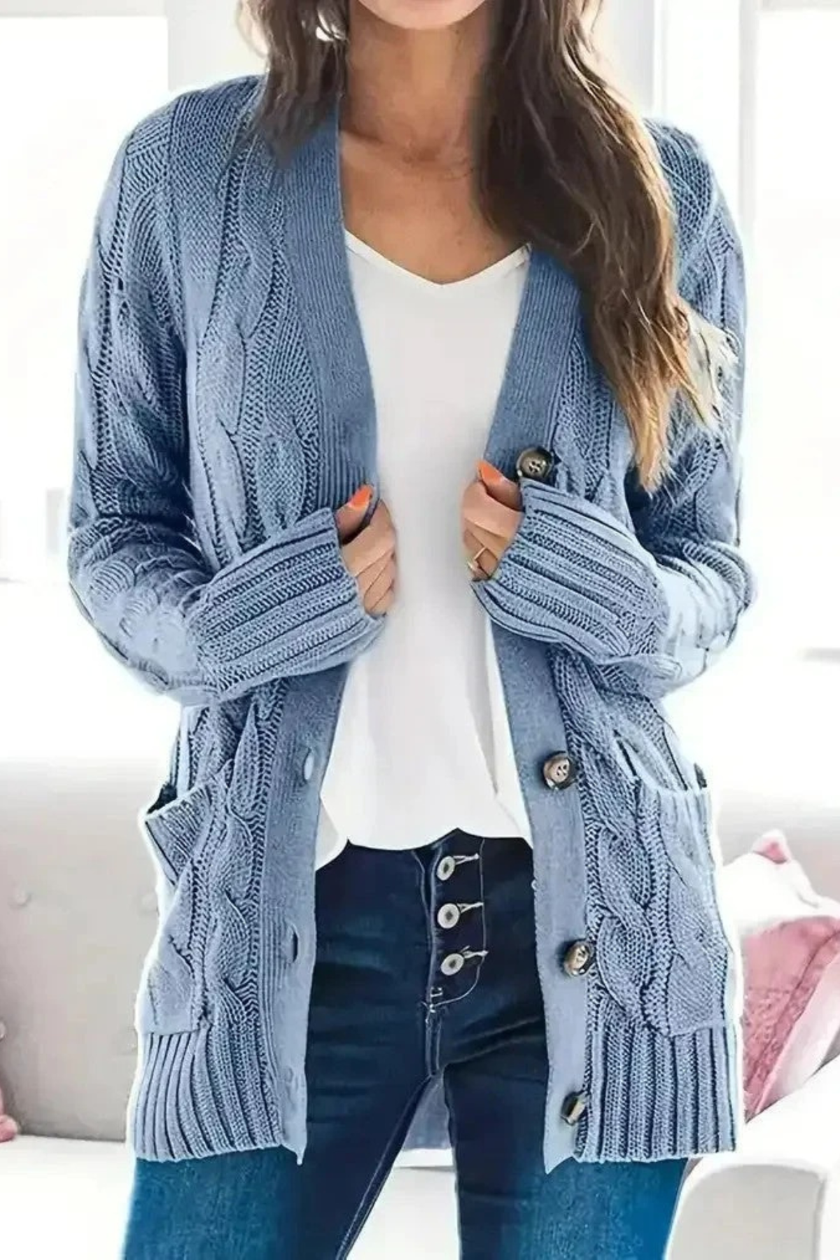 Women's Cable Knit Cardigan Sweater Button Front Long Sleeve V-Neck Pockets
