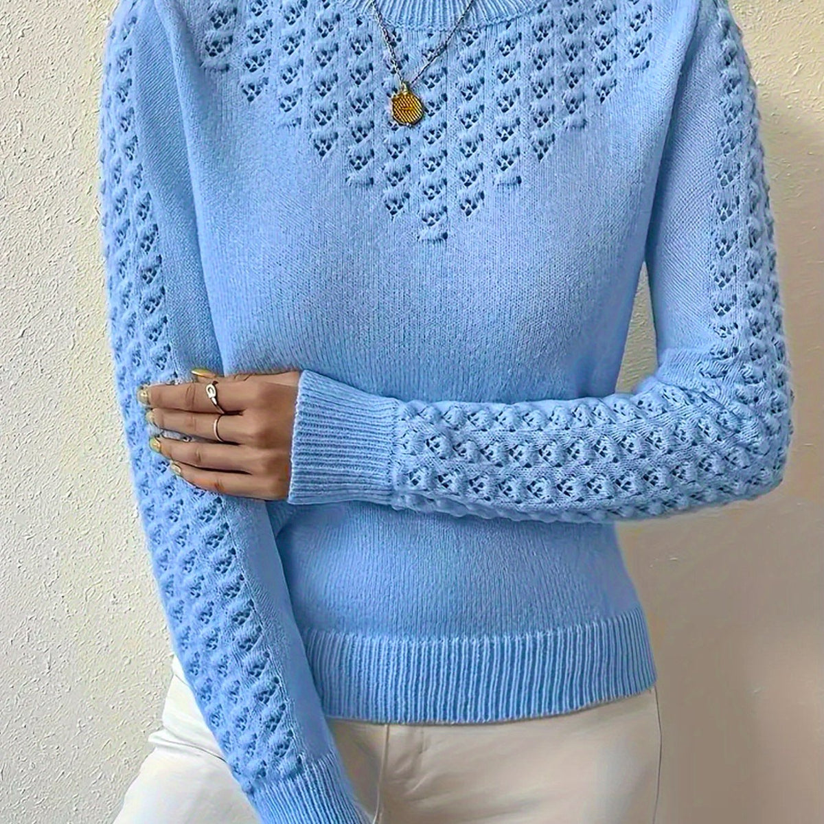Women's Pointelle Crew Neck Sweater Long Sleeve Knit Casual Pullover