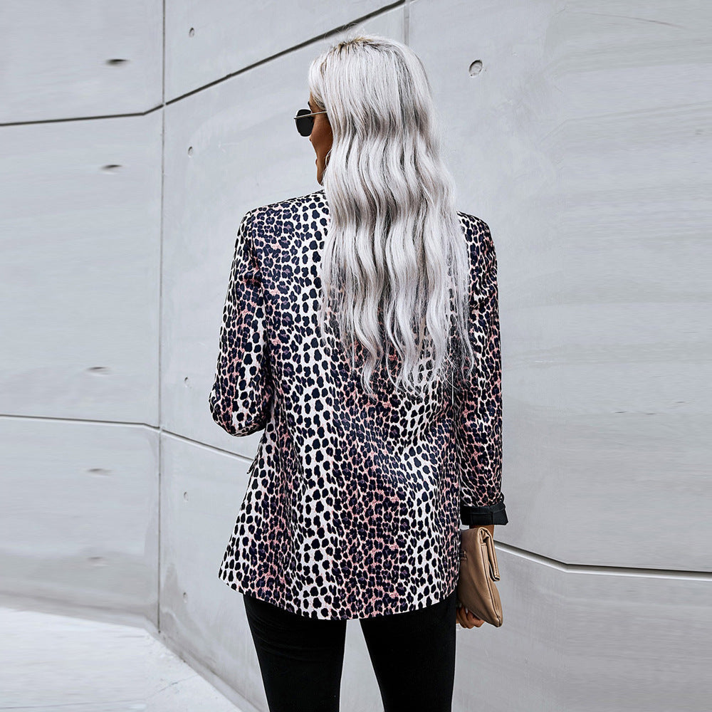 Women's Leopard Print Blazer Open Front Long Sleeve Loose Fit Casual Autumn