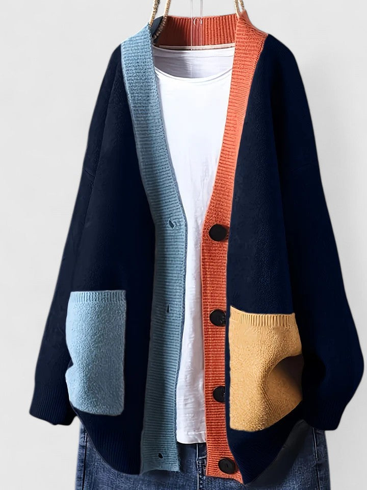 Women's Color Block Cardigan V-Neck Long Sleeve Button-Down Oversized Knit
