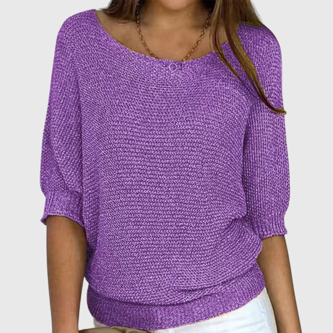 Women's Knit Sweater Boat Neck 3/4 Sleeve Lightweight Casual Pullover