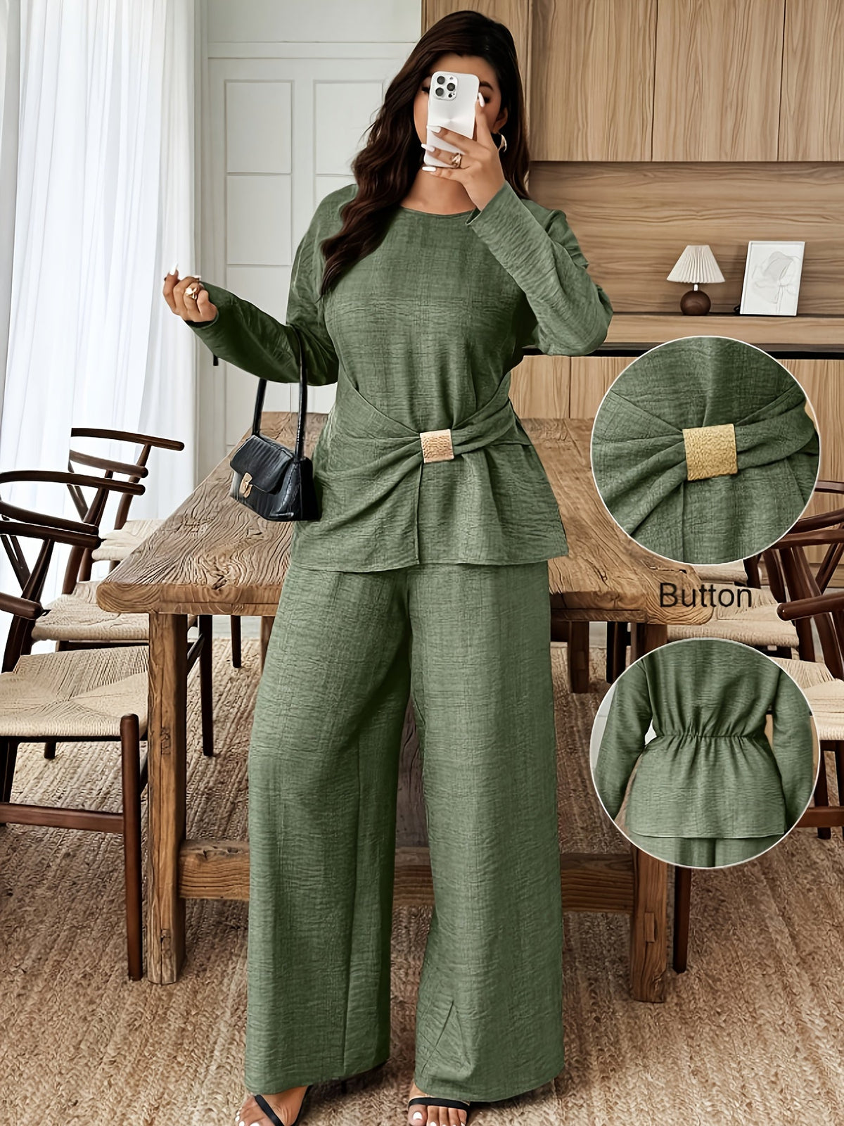 Women's Plus Size 2-Piece Set Waist-Cinching Top Round Neck Long Sleeve Wide-Leg Pants Casual