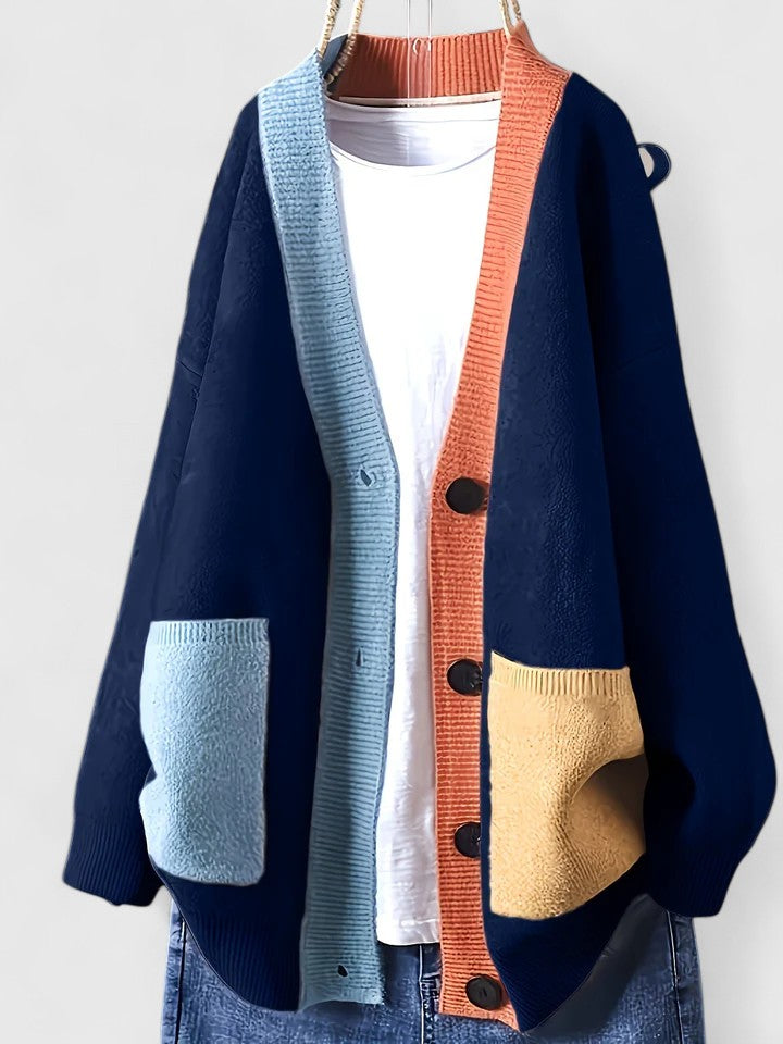 Women's Color Block Cardigan V-Neck Long Sleeve Button-Down Oversized Knit
