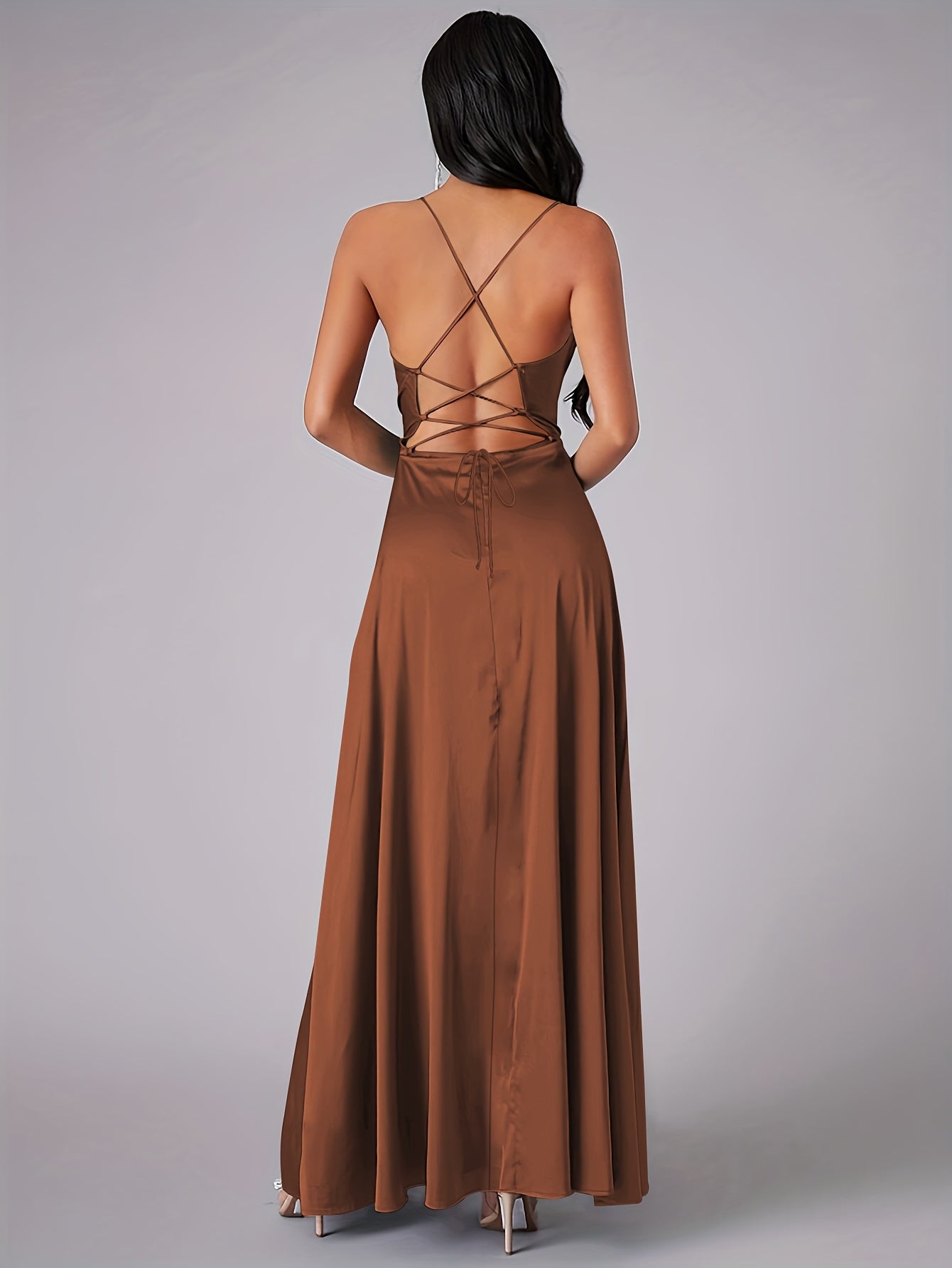 Women's Backless Maxi Dress Cowl Neck Spaghetti Strap Side Split Lace-Up Party Evening Gown