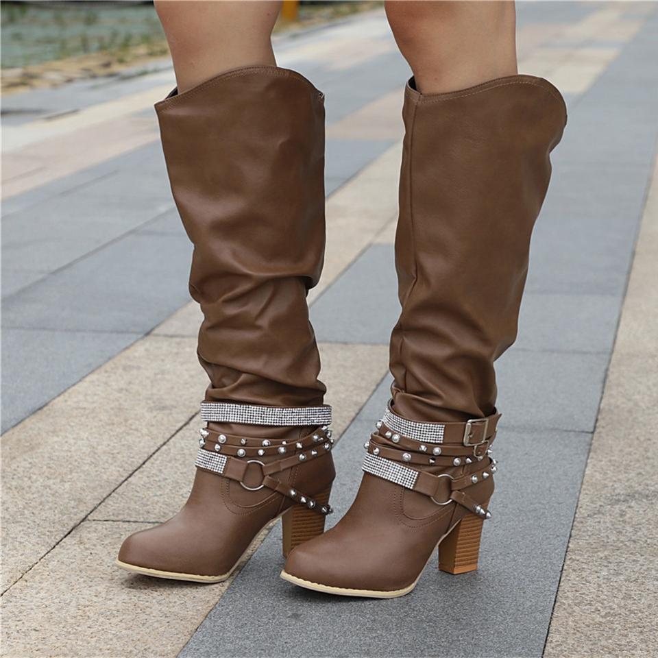 Women's Slouch Knee High Boots Studded Strap Buckle Block Heel Western