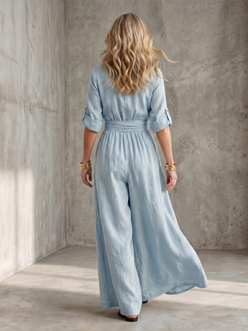 Women's Cross Front Wide Leg Jumpsuit V-Neck Rolled Sleeve Belted Casual