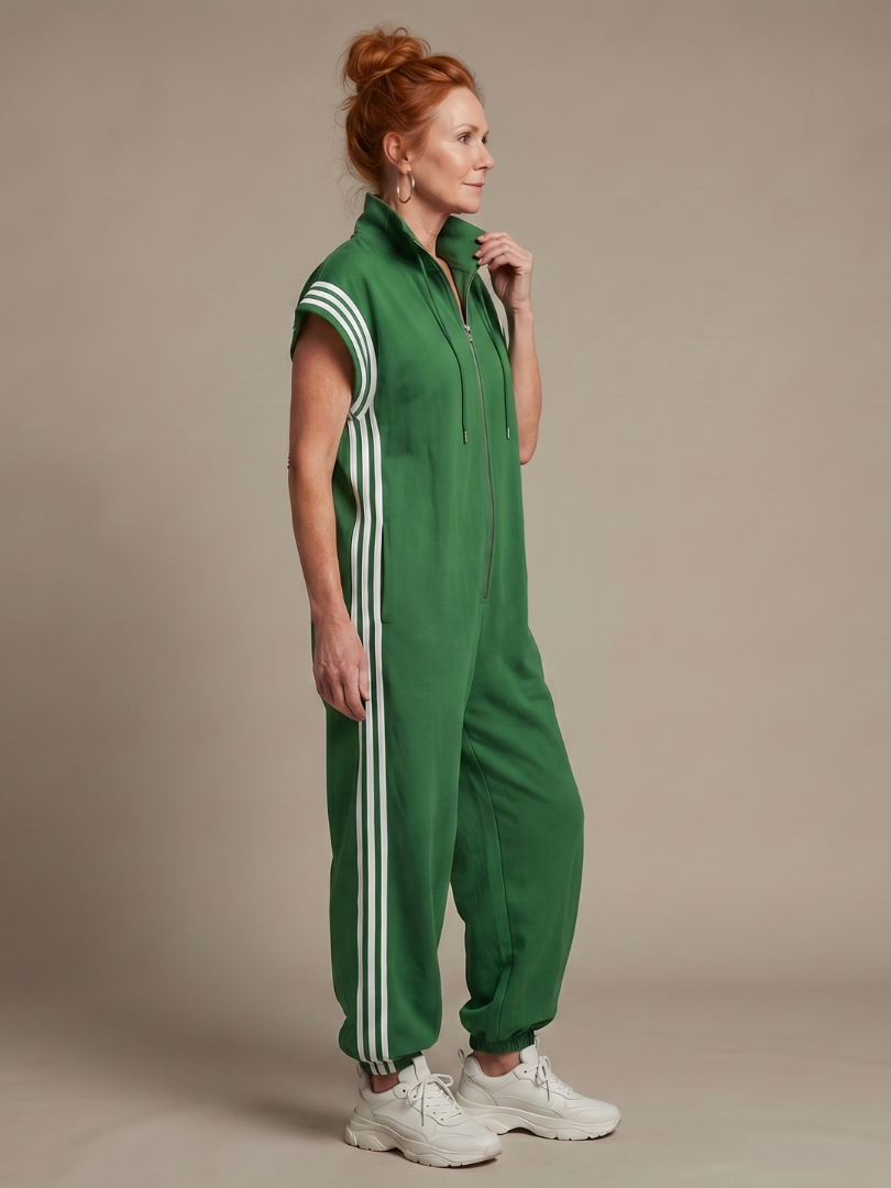 Women's Zip Front Jumpsuit Stripe Panel Sleeveless High Neck Casual