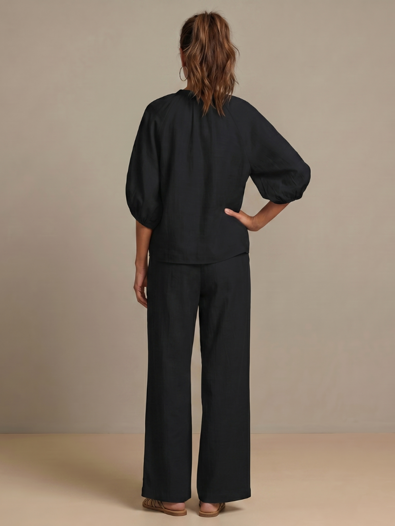 Women's Zip Front Blouson Top Wide Leg Pants Set Light Blue 3/4 Sleeve Casual