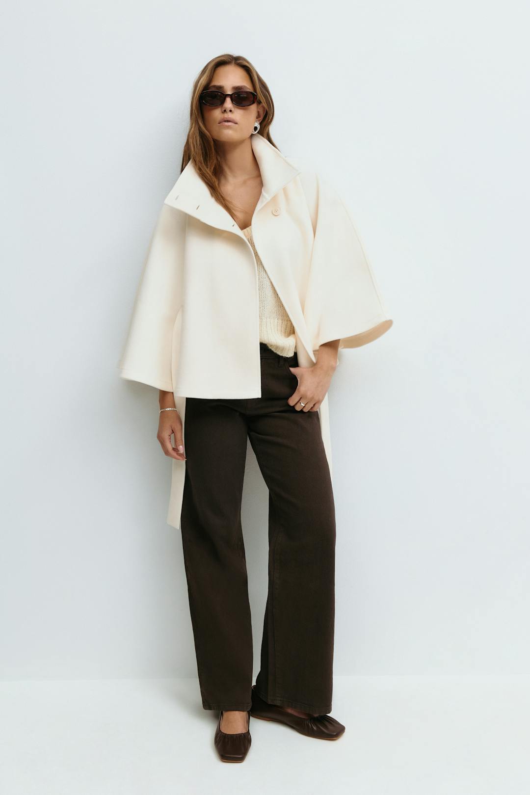 Women's Belted Cape Jacket Funnel Neck Batwing Sleeve Cream Layering Coat