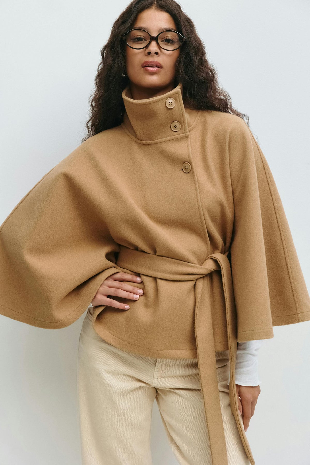 Women's Belted Cape Jacket Funnel Neck Batwing Sleeve Cream Layering Coat