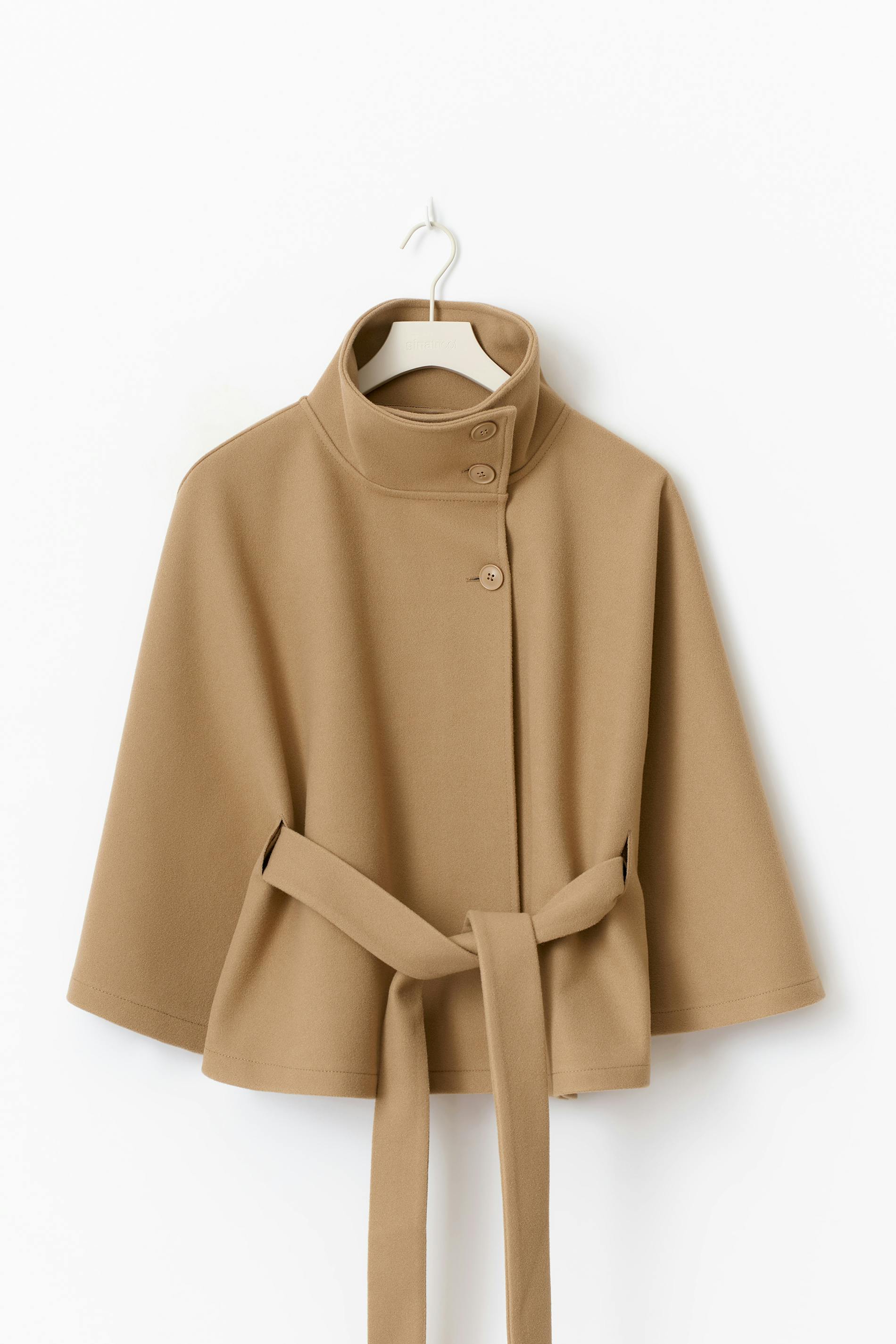 Women's Belted Cape Jacket Funnel Neck Batwing Sleeve Cream Layering Coat