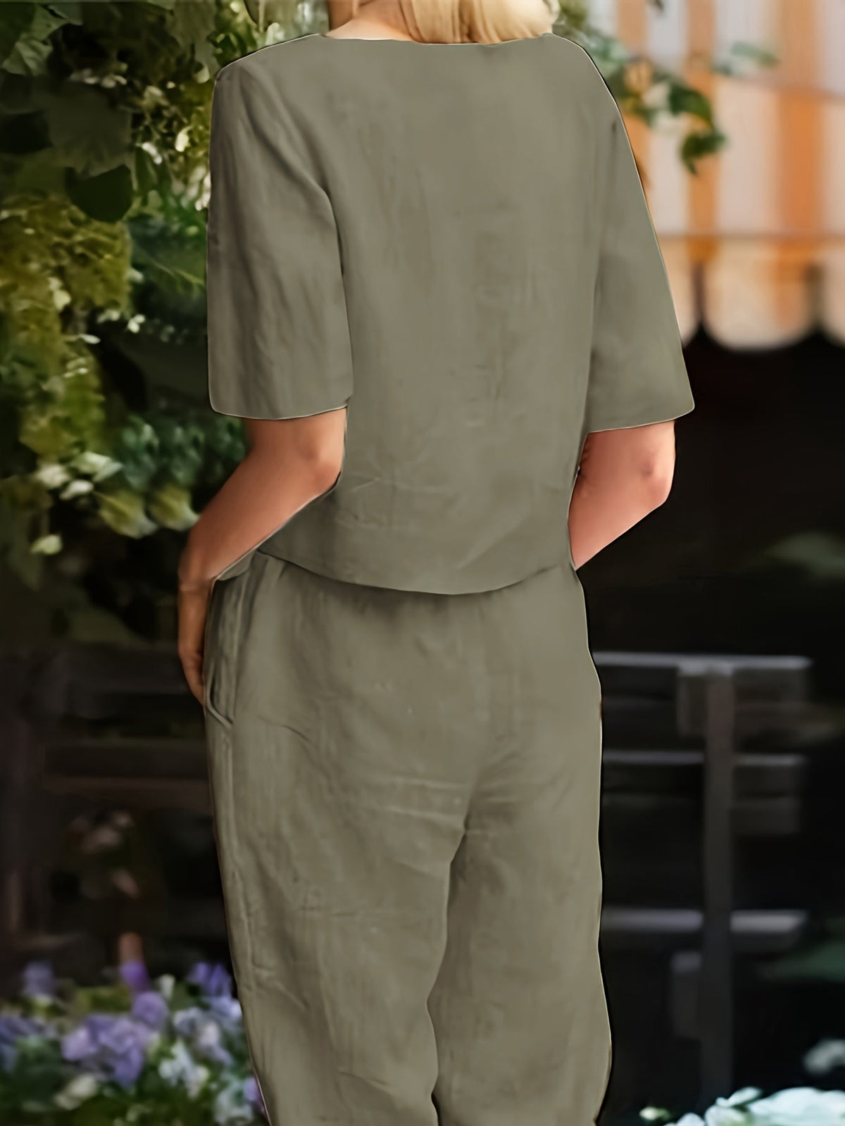Women's 2-Piece Set Round Neck Short Sleeve Top Tie Waist Wide Leg Pants Casual