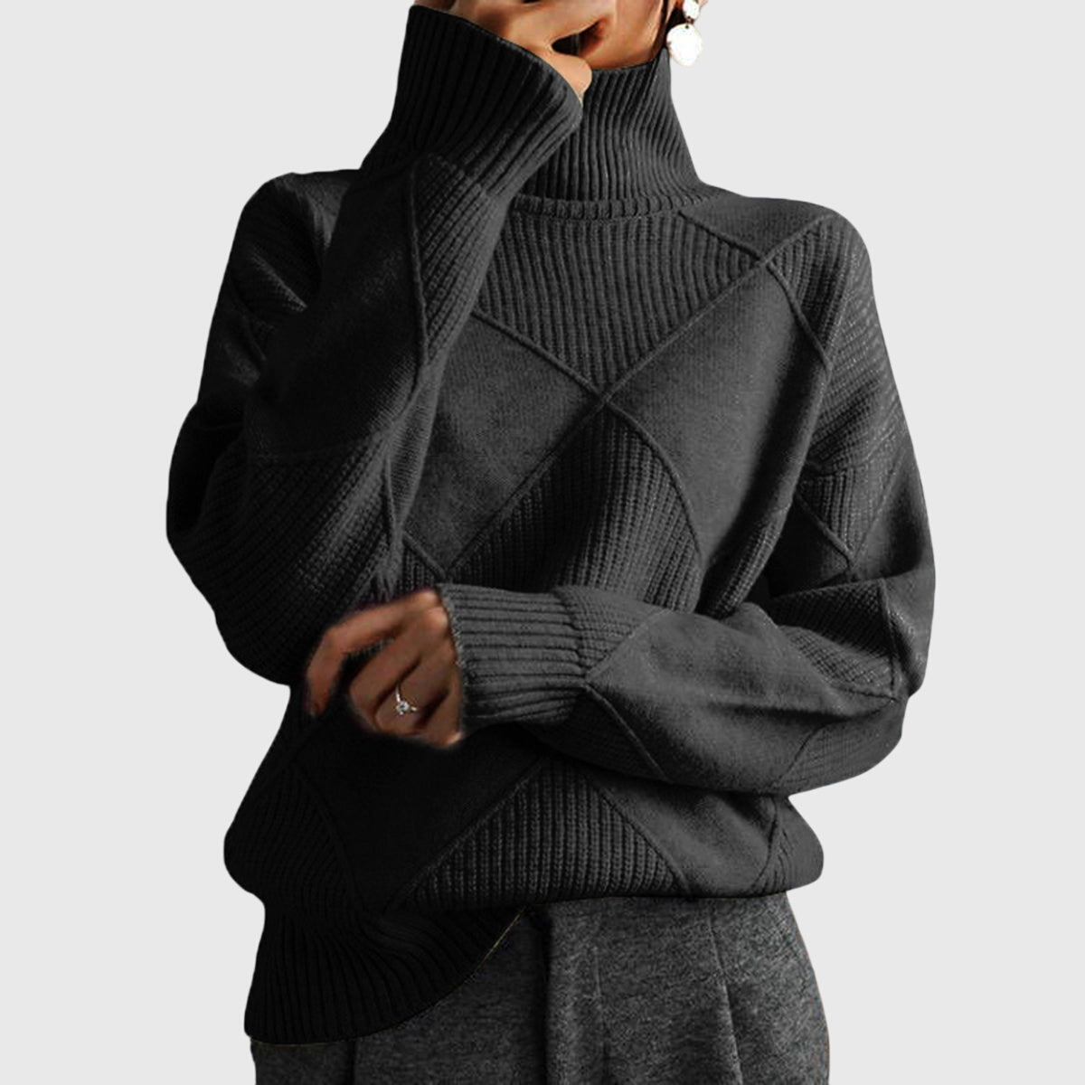 Women's Turtleneck Sweater Argyle Textured Long Sleeve Knit Pullover Winter