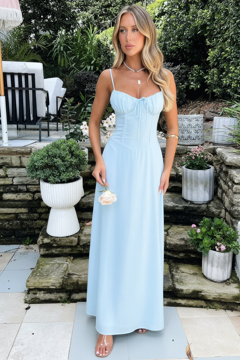 Women's Maxi Dress Spaghetti Strap Corset Bodice Sweetheart Neck Tie Front