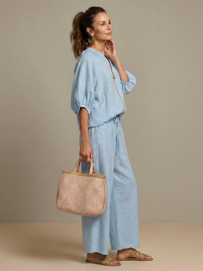 Women's Zip Front Blouson Top Wide Leg Pants Set Light Blue 3/4 Sleeve Casual