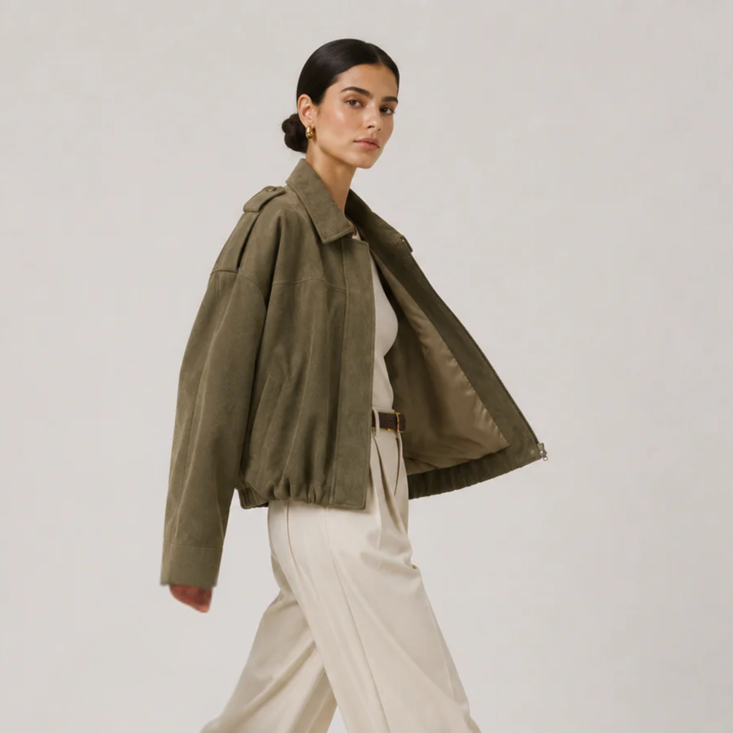 Women's Suede Bomber Jacket Collared Zip-Up Oversized Casual Outerwear