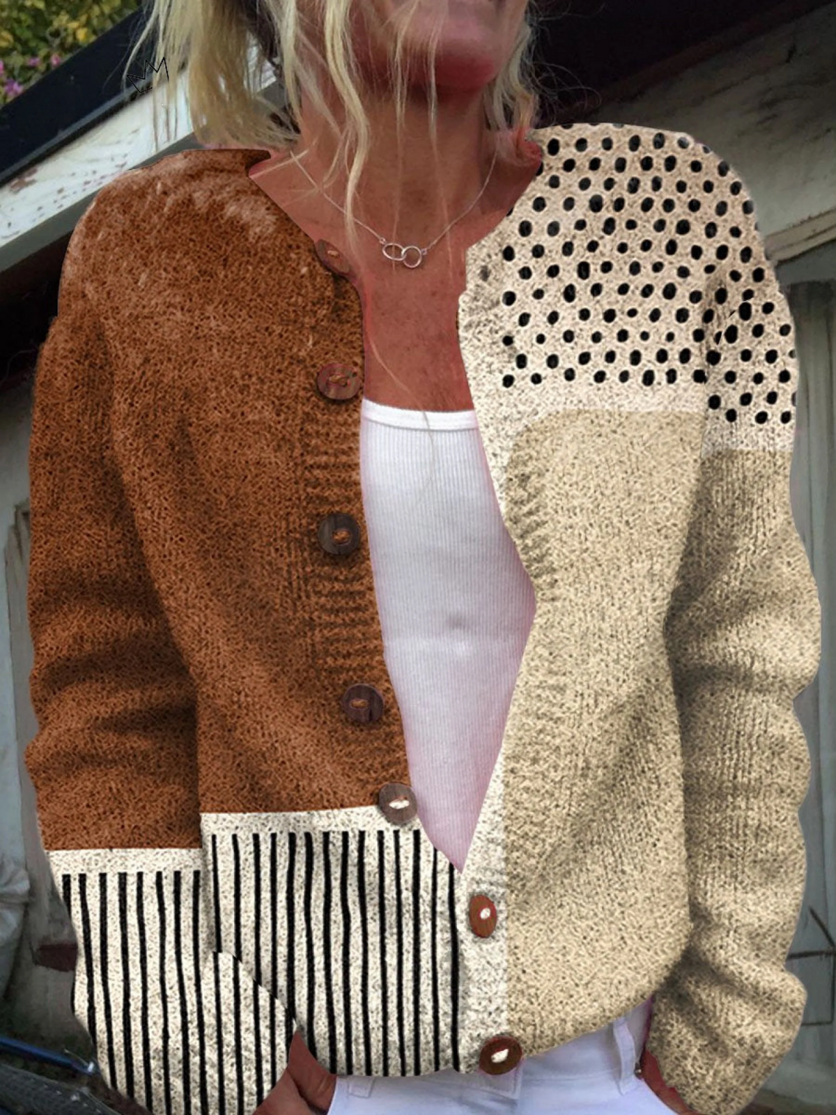 Women's Color Block Cardigan Button Front Polka Dot Striped Knit Casual