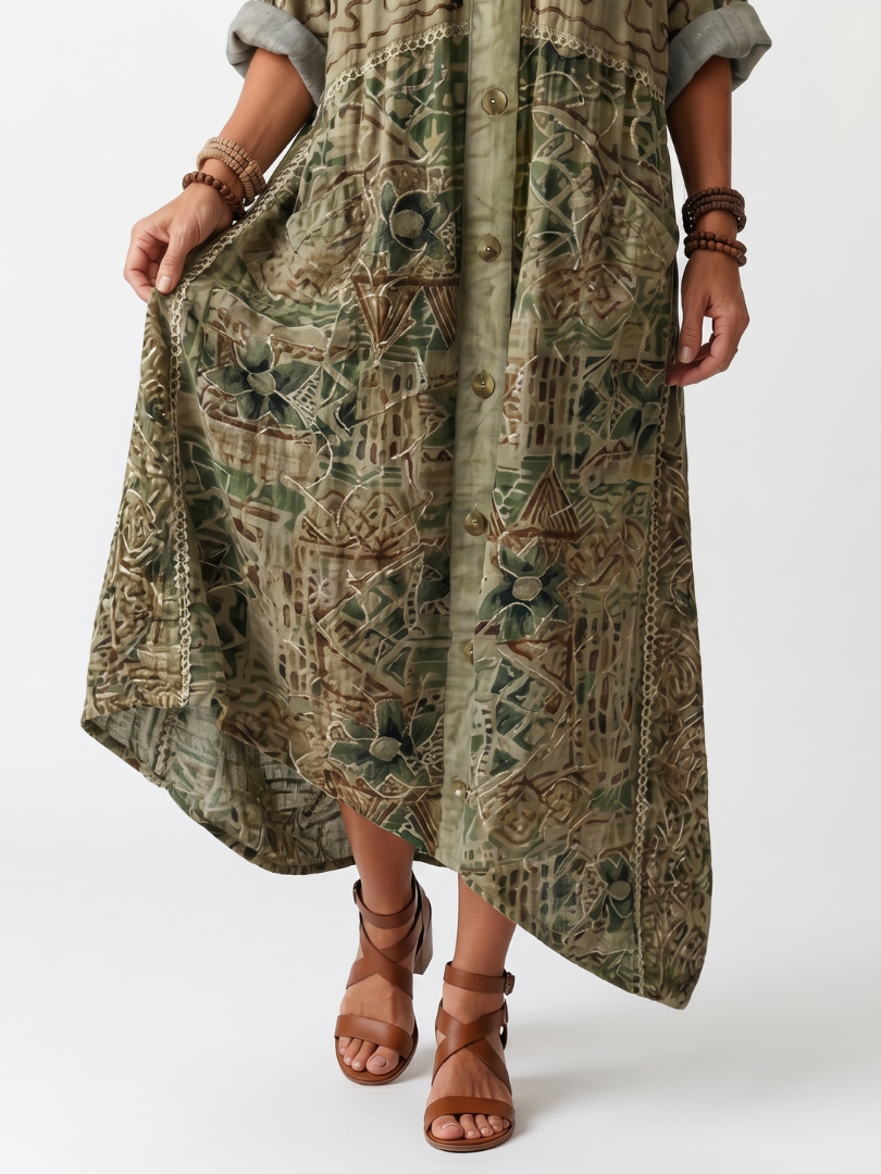 Women's Embroidered Midi Dress V-Neck Button Front Pocket Boho Floral Olive Green