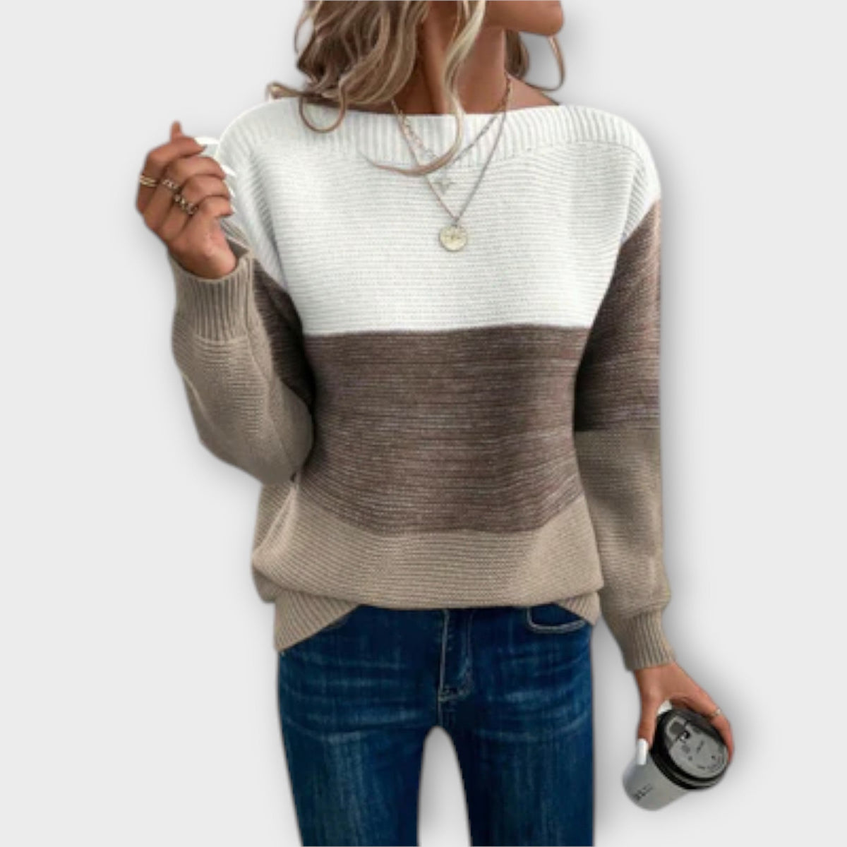 Women's Color Block Knit Sweater Boat Neck Long Sleeve Casual Pullover