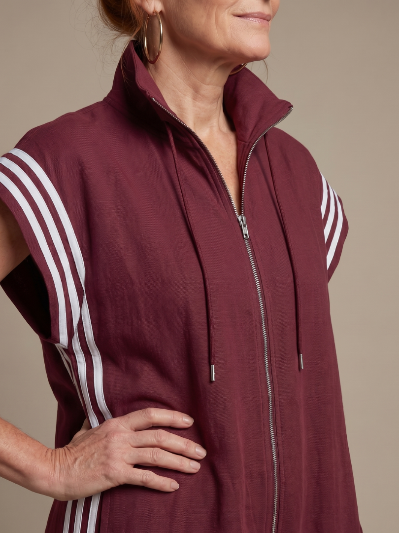 Women's Zip Front Jumpsuit Stripe Panel Sleeveless High Neck Casual