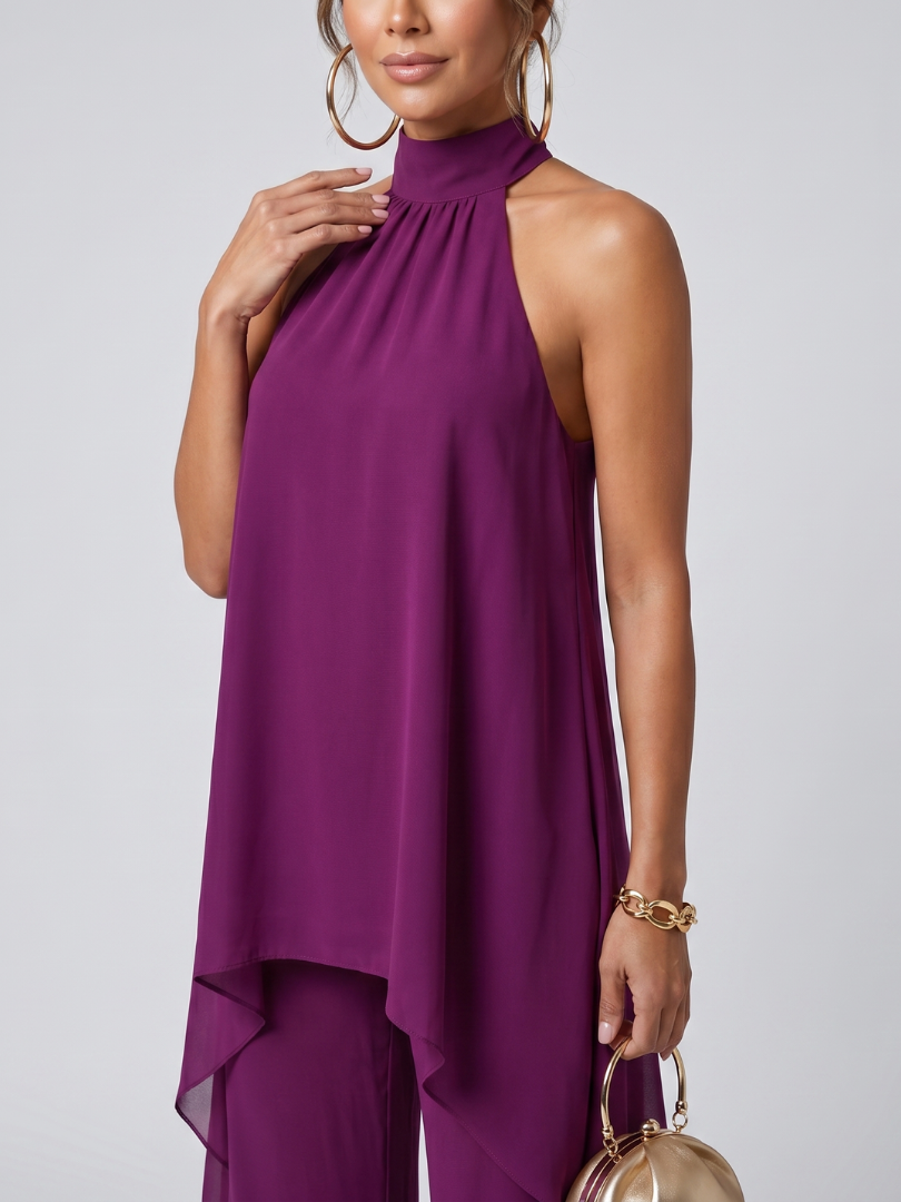 Women's 2 Piece Halter Neck Asymmetric Tunic Top Wide Leg Pants Set