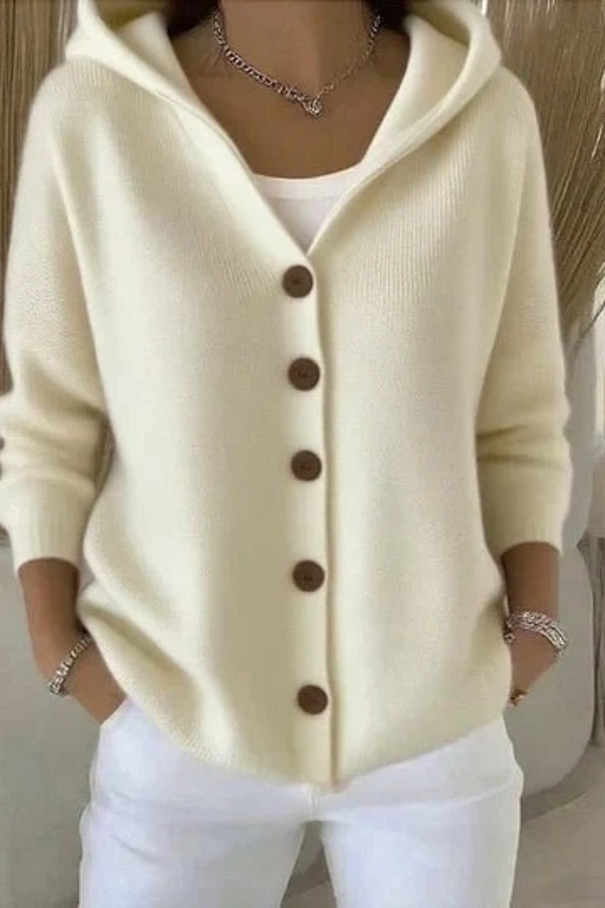 Women's Hooded Button-Front Cardigan Long Sleeve V-Neck Knit Everyday