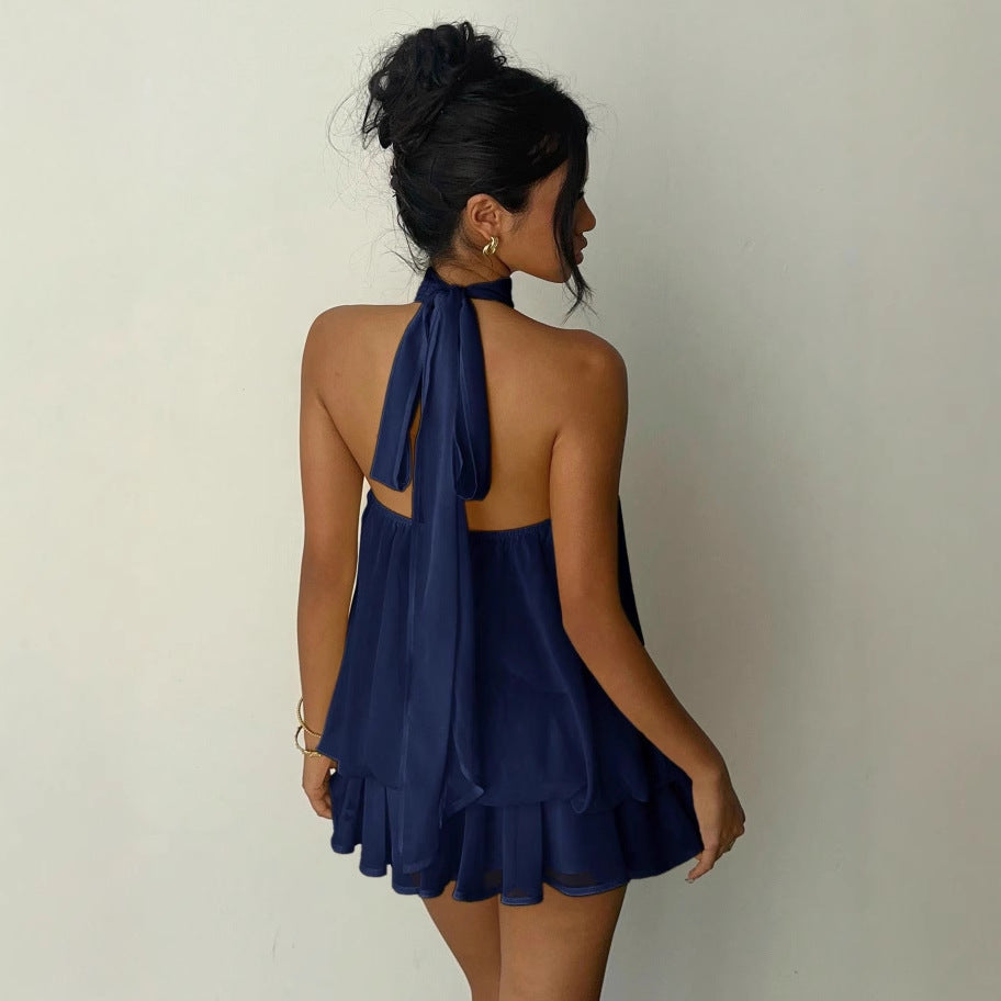 Women's Chiffon Mini Dress Halter Neck Tiered Ruffle Sleeveless Beach Casual