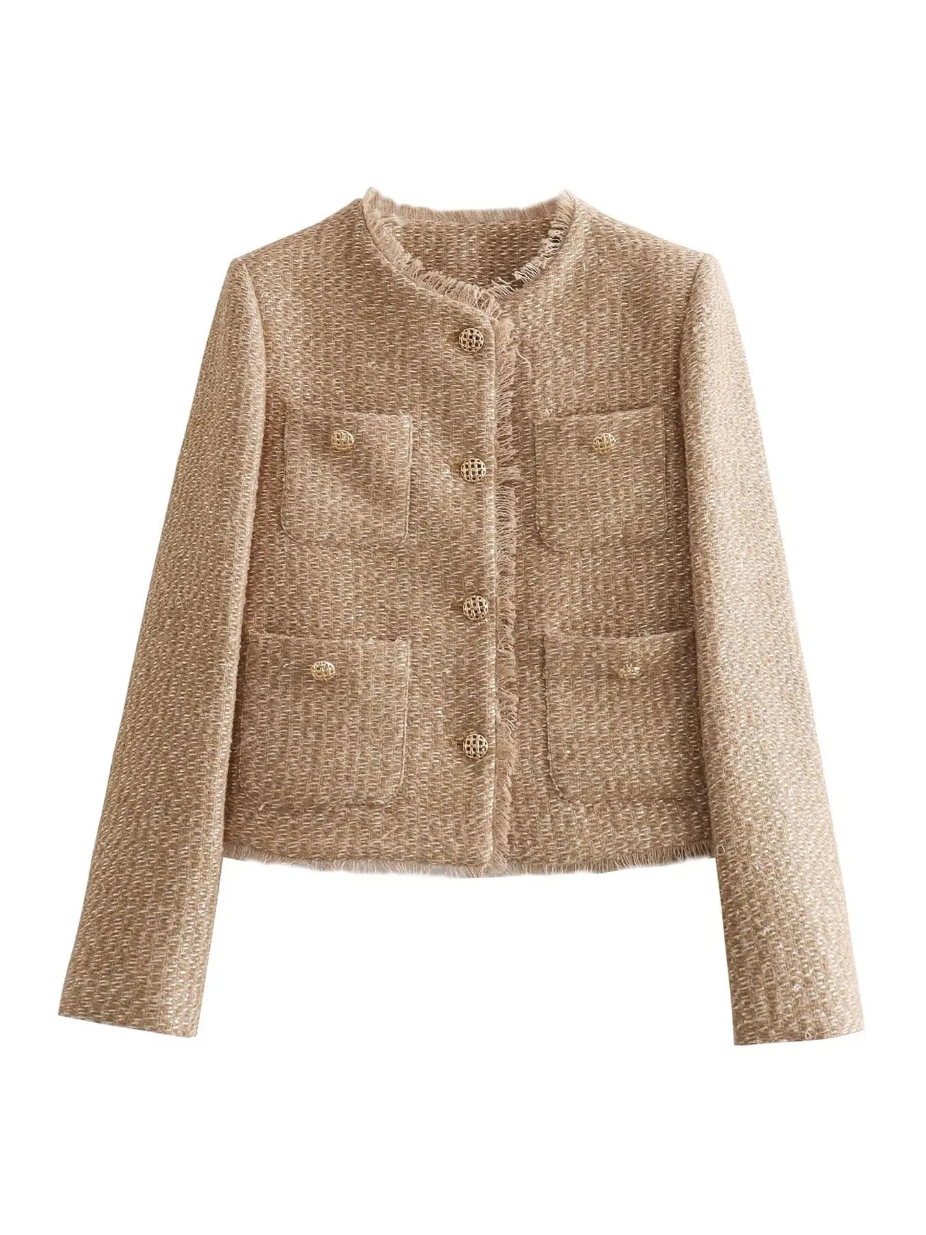 Women's Cropped Tweed Blazer Jacket Gold Button Frayed Trim Long Sleeve Casual