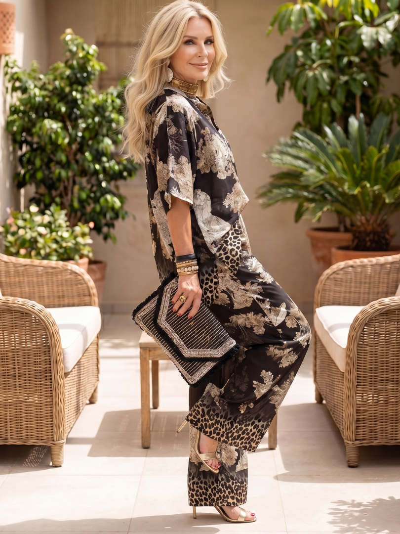 Women's Wide Leg Pants Set V-Neck Short Sleeve Floral Leopard Print 2 Piece Outfit