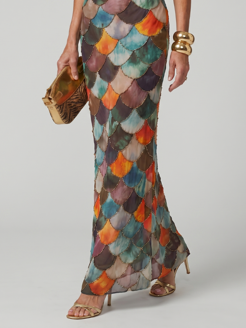 Women's Halter Neck Maxi Dress Multicolor Scale Print Fitted Backless Evening Gown