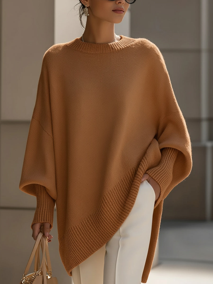 Women's Oversized Knit Sweater Batwing Sleeve Crew Neck Asymmetric Hem Casual