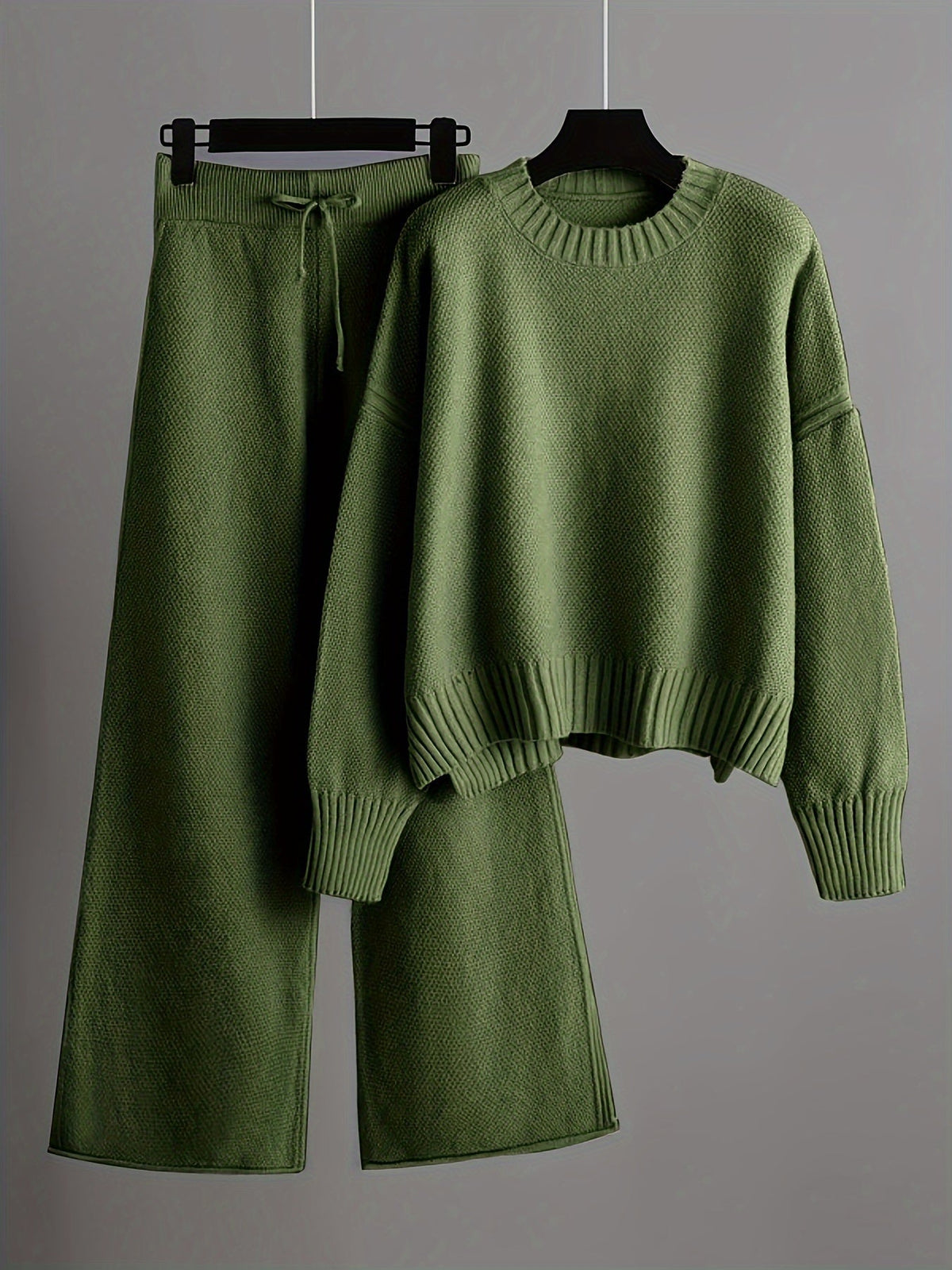 Women's Knit Sweater and Wide-Leg Pants Set Round Neck Long Sleeve Drawstring Casual