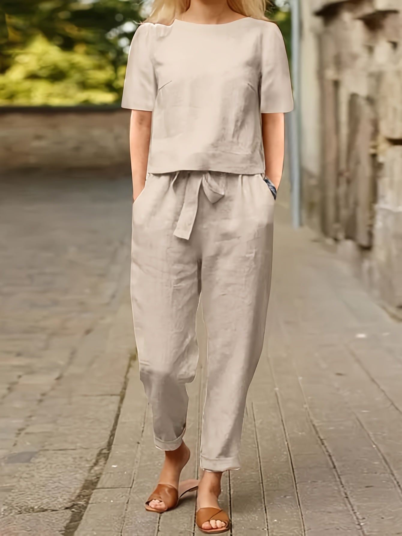 Women's 2-Piece Set Round Neck Short Sleeve Top Tie Waist Wide Leg Pants Casual