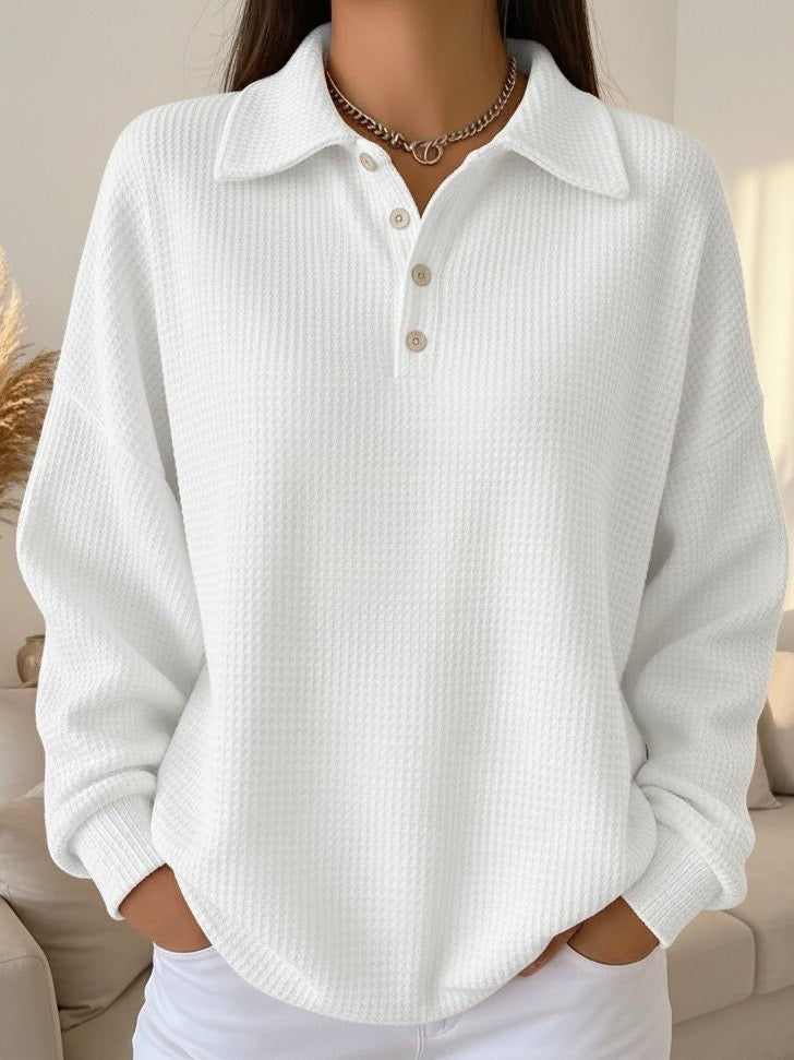 Women's Waffle Knit Polo Sweater Collared Button Long Sleeve Casual Pullover