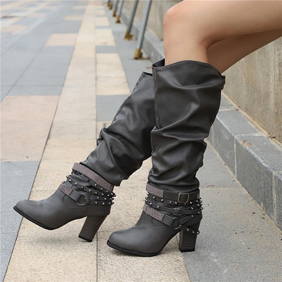 Women's Slouch Knee High Boots Studded Strap Buckle Block Heel Western