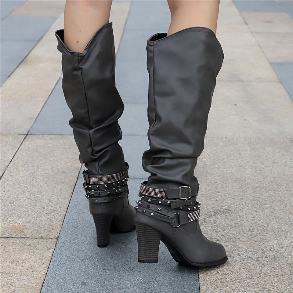 Women's Slouch Knee High Boots Studded Strap Buckle Block Heel Western