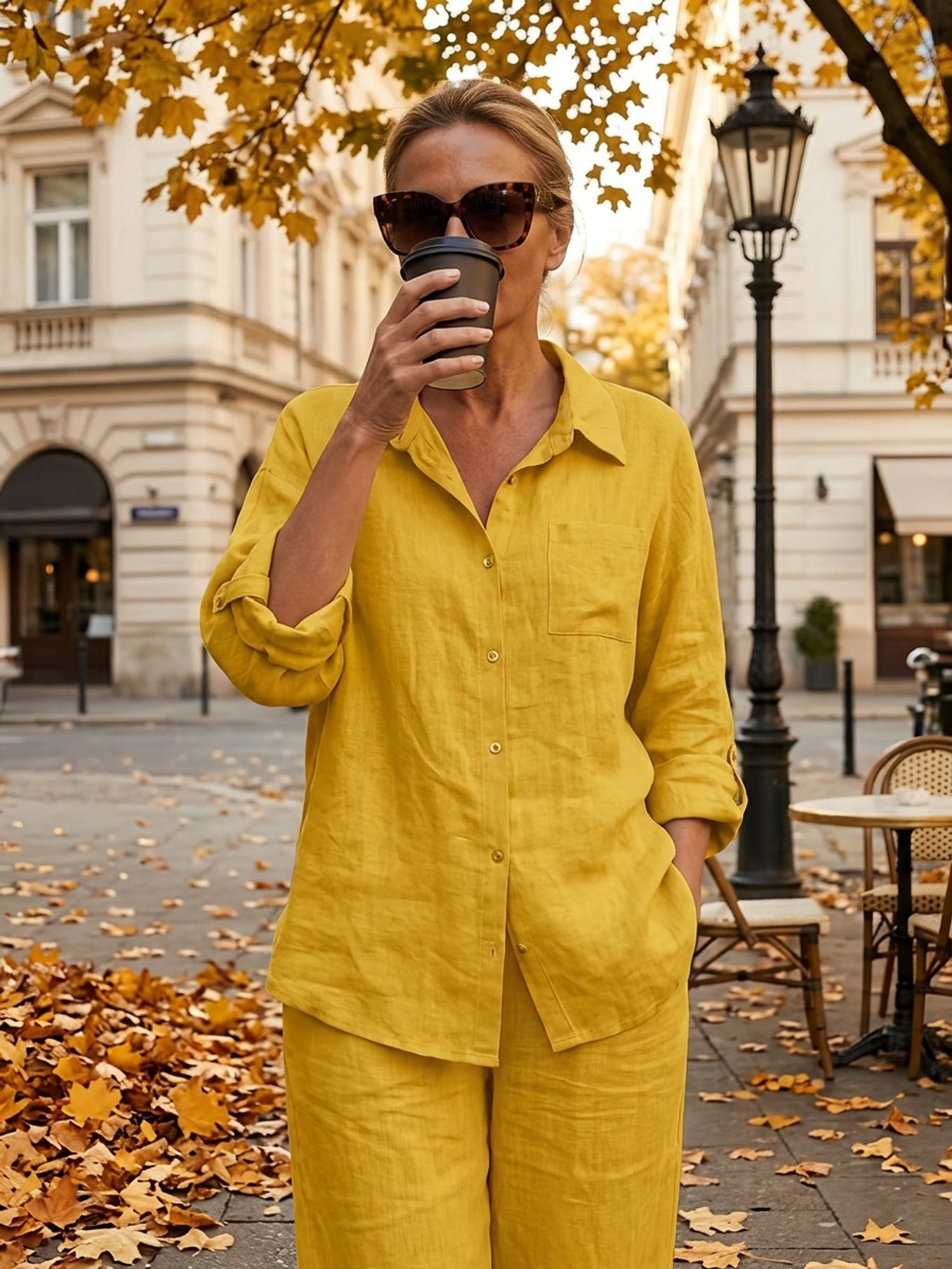 Women's Button Down Shirt and Wide-Leg Pants Set Collar Long Sleeve Slim Fit Casual Outfit