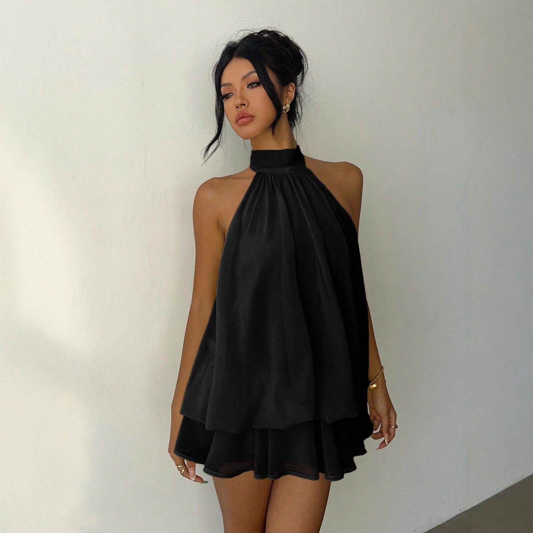 Women's Chiffon Mini Dress Halter Neck Tiered Ruffle Sleeveless Beach Casual