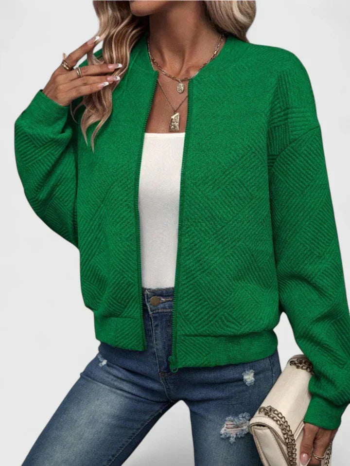 Women's Bomber Jacket Zip-Up Textured Long Sleeve Ribbed Casual Lightweight