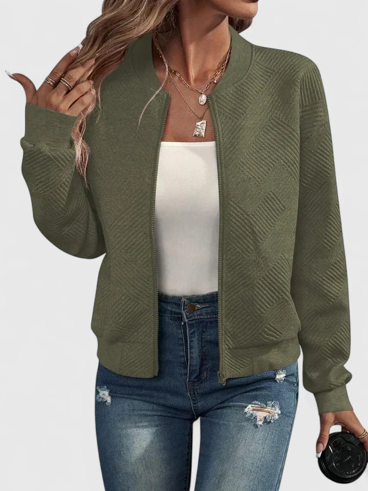 Women's Bomber Jacket Zip-Up Textured Long Sleeve Ribbed Casual Lightweight