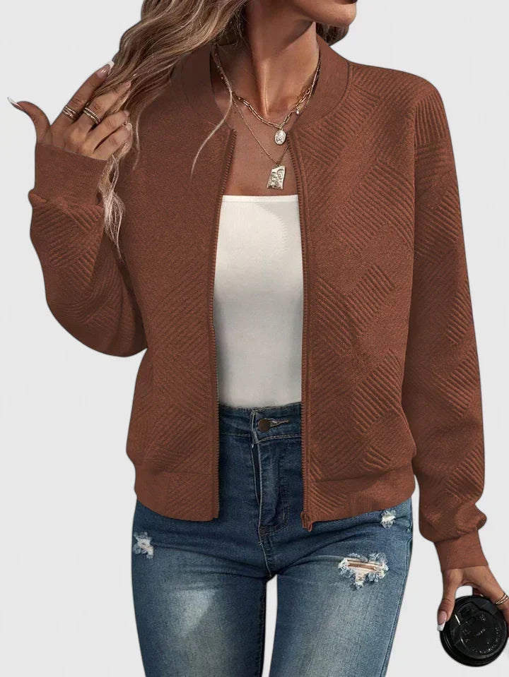 Women's Bomber Jacket Zip-Up Textured Long Sleeve Ribbed Casual Lightweight
