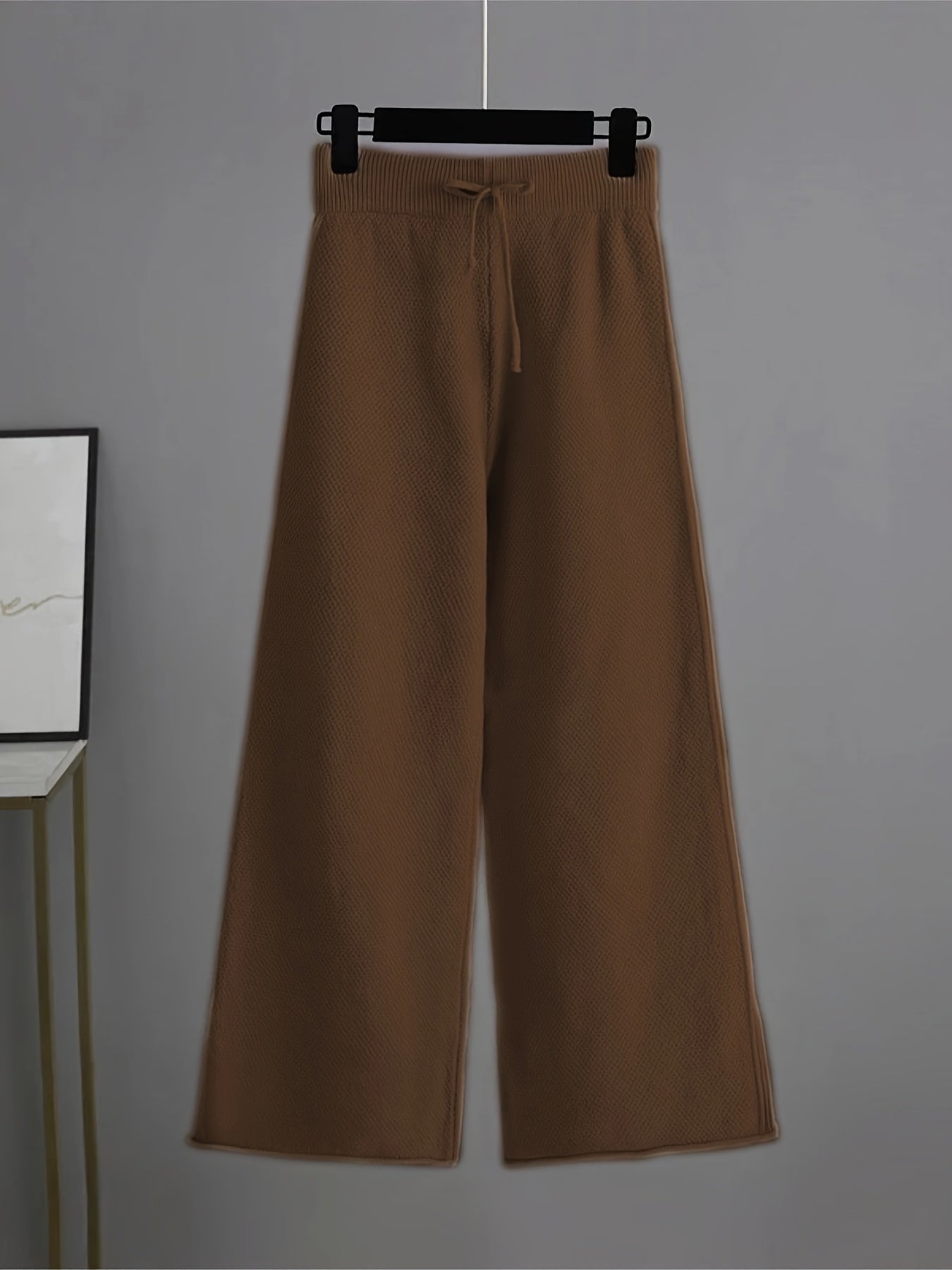 Women's Knit Sweater and Wide-Leg Pants Set Round Neck Long Sleeve Drawstring Casual