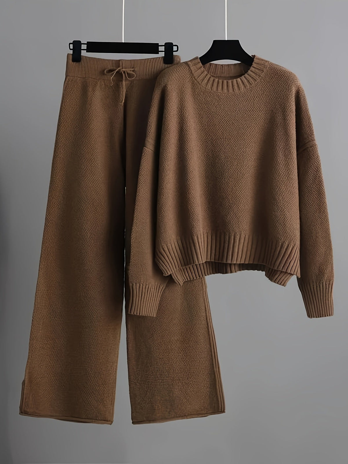 Women's Knit Sweater and Wide-Leg Pants Set Round Neck Long Sleeve Drawstring Casual