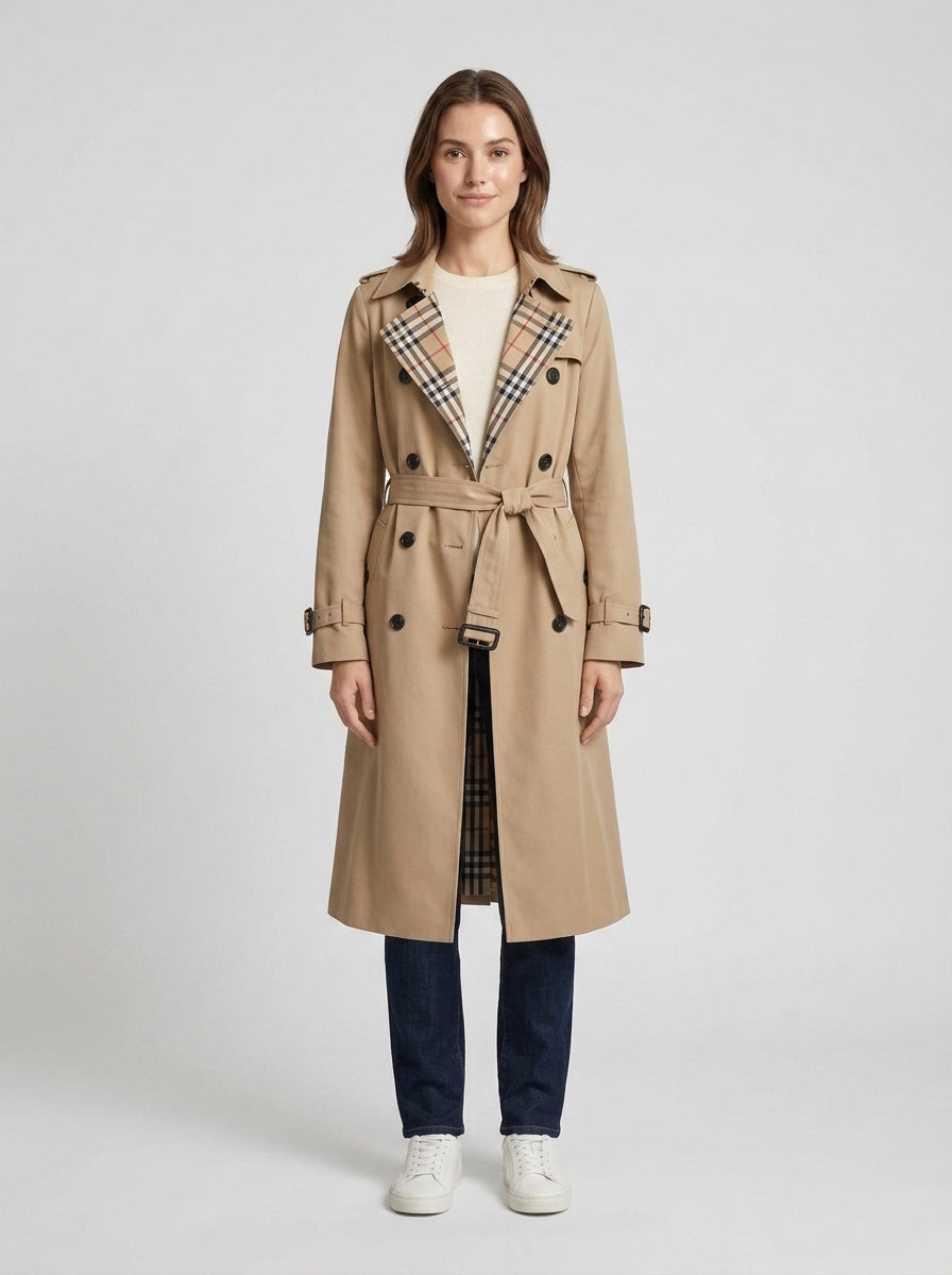 Women's Trench Coat Notched Lapel Double Breasted Belted Long Sleeve