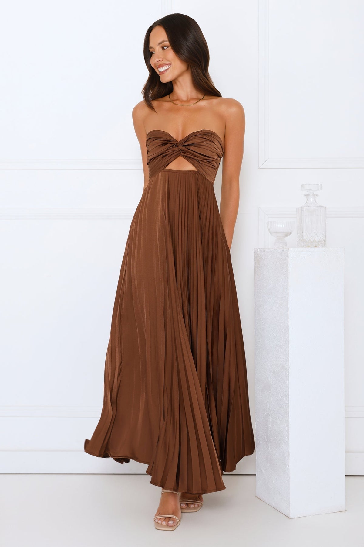 Women's Strapless Maxi Dress Twist Front Cutout Pleated Satin Formal